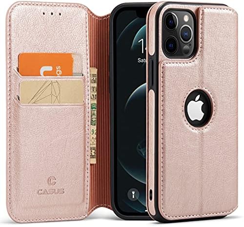 Casus Logo View Compatible with iPhone 12 | 12 Pro Wallet Case Slim Magnetic Flip Cover Faux Leather with Card Holder Slot Thin Kickstand (2020) 6.1" (Rose Gold)