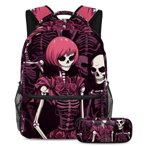 Grand sac à dos motif tête de mort rose ensemble cartable fille garçon avec trousse d'école