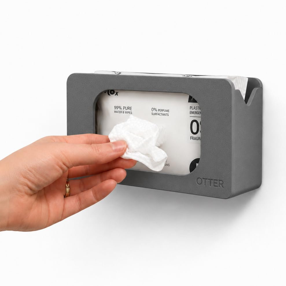 Wipes Dispenser, Wall Mounted Wipe Holder for Baby & Adult, Refillable Wipe Container, One-Handed Operation, Multiple Colours Available, Includes Screw and No Screw Fixings (Grey)