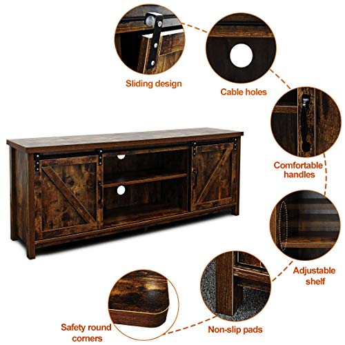 Bizzoelife 60 Inch Barn Door TV Stand Entertainment Center - New Farmhouse Style Sliding TV Cabinet, Living Room Wood Storage Media Console Table with 2 Center Compartments and 2 Cabinets (Rustic)