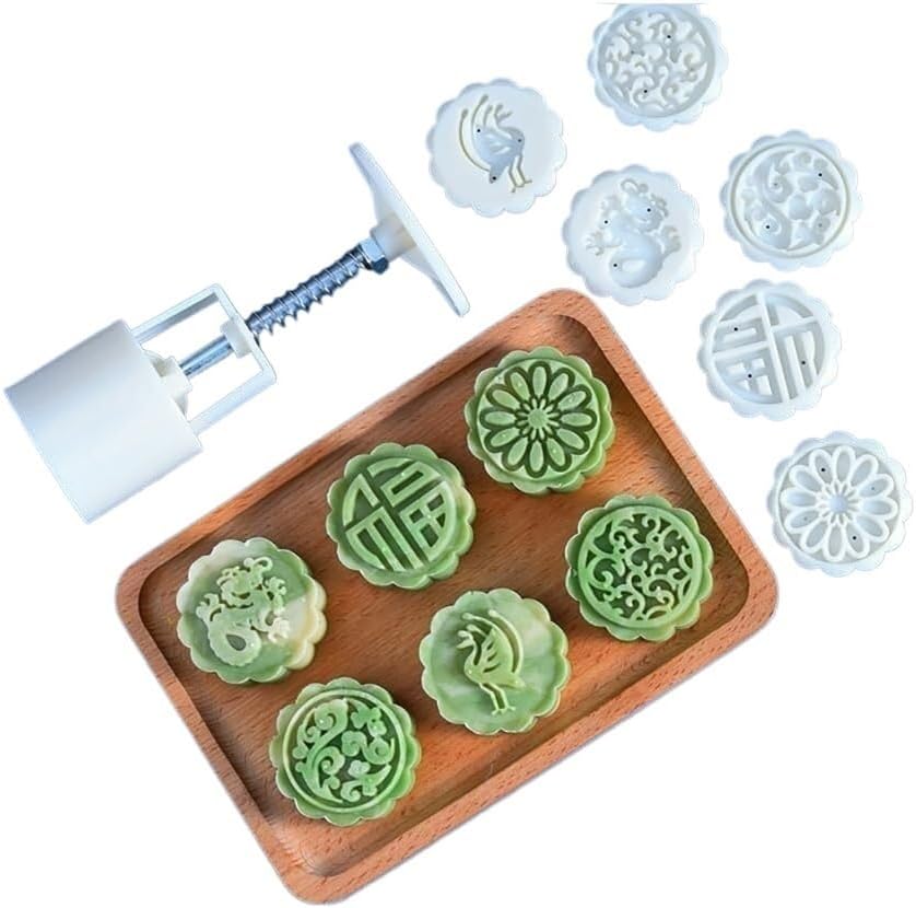 Mooncake Press Molds, 50g Thickness Adjustable Cookie Stamps Moon Cake Mold With 6 Stamps,Mooncake Flower Round Bakeware,for Baking DIY Cake Cookie Biscuit Dessert Mooncake Mould