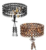 Udalyn 2PCS 6mm 8mm 108 Bead Bracelet for Men Women Gemstone Wood Bracelet Set Tibetan Buddha Bracelet Necklace Elastic