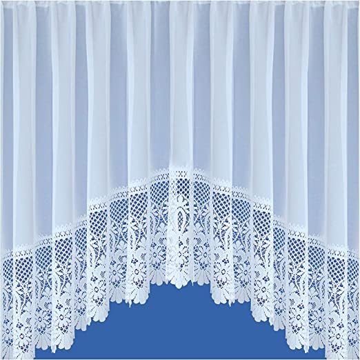 Maple Textiles Jardiniere White Net Curtain Plain with a Victorian Heavy Lace Scalloped Base Sold in 3 Widths and 5 Drops and (150"(381cm) Wide x 48"(122cm) Drop)