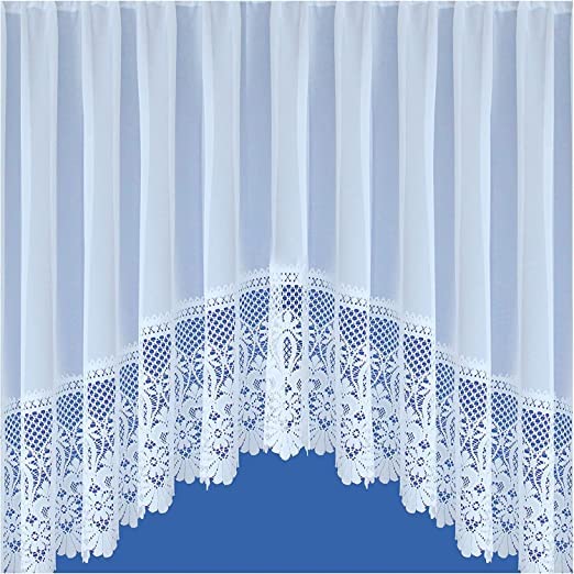 Jardiniere White Net Curtain Plain with a Victorian Heavy Lace Scalloped Base Sold in 3 Widths and 5 Drops and (150"(381cm) Wide x 48"(122cm) Drop)