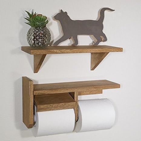 Amazon 天然木製 ウォールシェルフ 飾り棚 ディスプレイラック 壁掛け棚 おしゃれでアンティークな飾り棚 おしゃれなトイレ空間を演出 棚幅30cm 二連紙巻器 ミディアムブラウン オープンシェルフ ラック オンライン通販