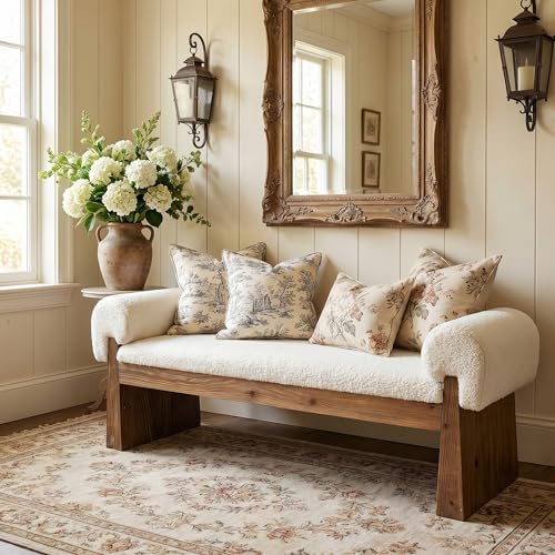 TRIBEWOOD Solid Wood Upholstered Entryway Bench with Cushioned Seat
