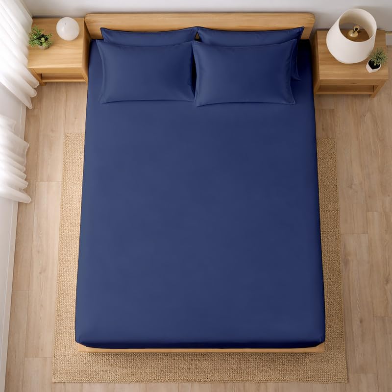 Image of Filbert - Premium Satin Fitted Bedsheet Single Bed (36x75 Inch) with 1 Pillow Cover | Hypoallergenic Breathable | Hair and Skin Friendly, Women Gift Choice|Navy Blue