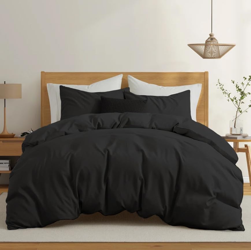 Rohi Easy Care plain Super King Duvet Cover set – Soft & Breathable Black Bedding Set – Button Closure – Anti Allergy Quilt Cover Set with Pillowcases (Super King, Black)