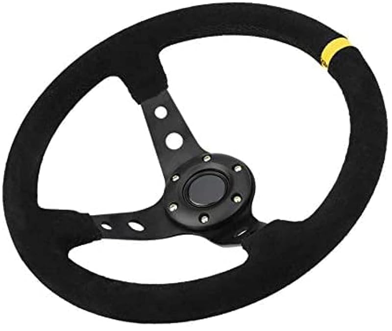 Volante esportivo 350 mm com base profunda, 6 furos, revestimento tipo camurça e botão de buzina RUNIGOO Preto e Amarelo