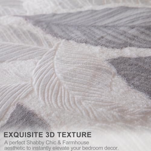 Image of Tufted Fleece Comforter Set Queen- Super Soft Warm Fluffy Shaggy Bedding Sets, Leaves Jacquard Bed Set for Winter, 1 Sherpa Comforter with 2 Pillow Cases (90 inchX90 inch Grey Leaf)