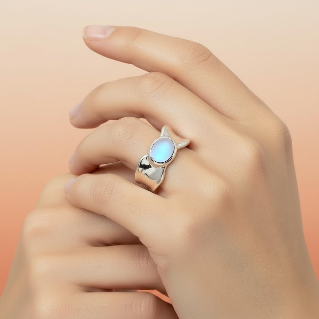 Oval Stone Wide Band Ring,Plain Sterling Silver Irregular Edge Natural Real Genuine Crystal Quartz Gemstone Solitaire Chunky Statment Ring Jewelry for Women Her