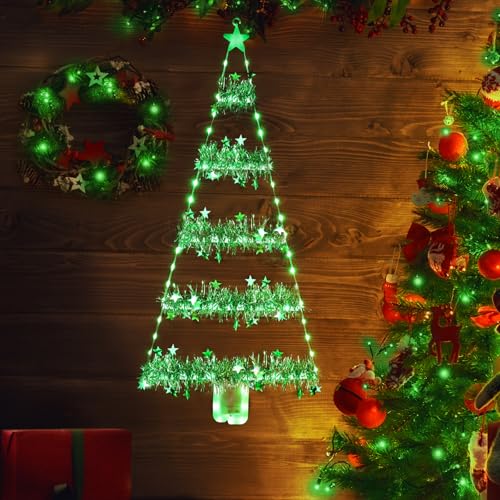 Geemoo Éclairage de Noël avec LED Arbre de Noël 81 cm, Batterie Guirlande Lumineuse d'Extérieur avec Tinsel, Minuteur, 8 modes, Décoration de Noël pour Cadeau, Fenêtres, Portes, Intérieur Vert
