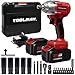 Toolman Rechargeable Lithium-ion cordless Power Impact Wrench kit 1/2" 21V with Drill Set Led Light Free Case & Work Gloves (2 Batteries)