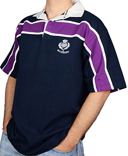 Scottish Mens Rugby Shirt Purple Stripe Thistle Logo Short Sleeve Navy Size X-Small