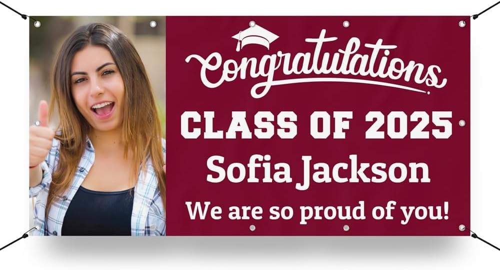 Personalized Graduation Photo Vinyl Banner Sign - Class of 2026 Custom Photo and Name - Milweb1 - Maroon - 2'x4'