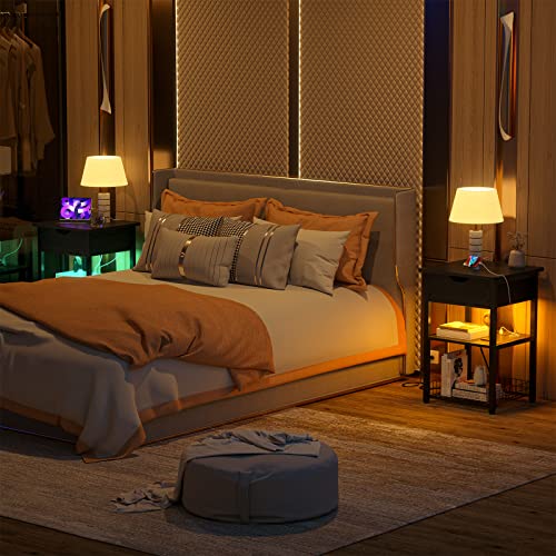 Cyclysio Nightstands Set Of 2 With Charging Station, Led End Table Bedside Table With Usb Ports And Outlets, Tall Night Stands Sofa Table With Drawer And Shelves For Bedroom, Living Room, Black #TOP1