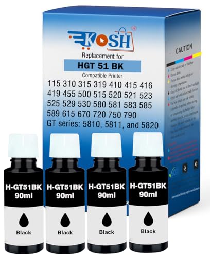 Image of KOSH Refill Ink Bottle Compatible for HP Deskjet 5810,5811,5820,5821,5822, Inktank Wireless 310,315,316,319,410,415,416,419,Smart Tank 115,500,510,515,516,720,750,790 Printers (4, GT51 90MLx 4)