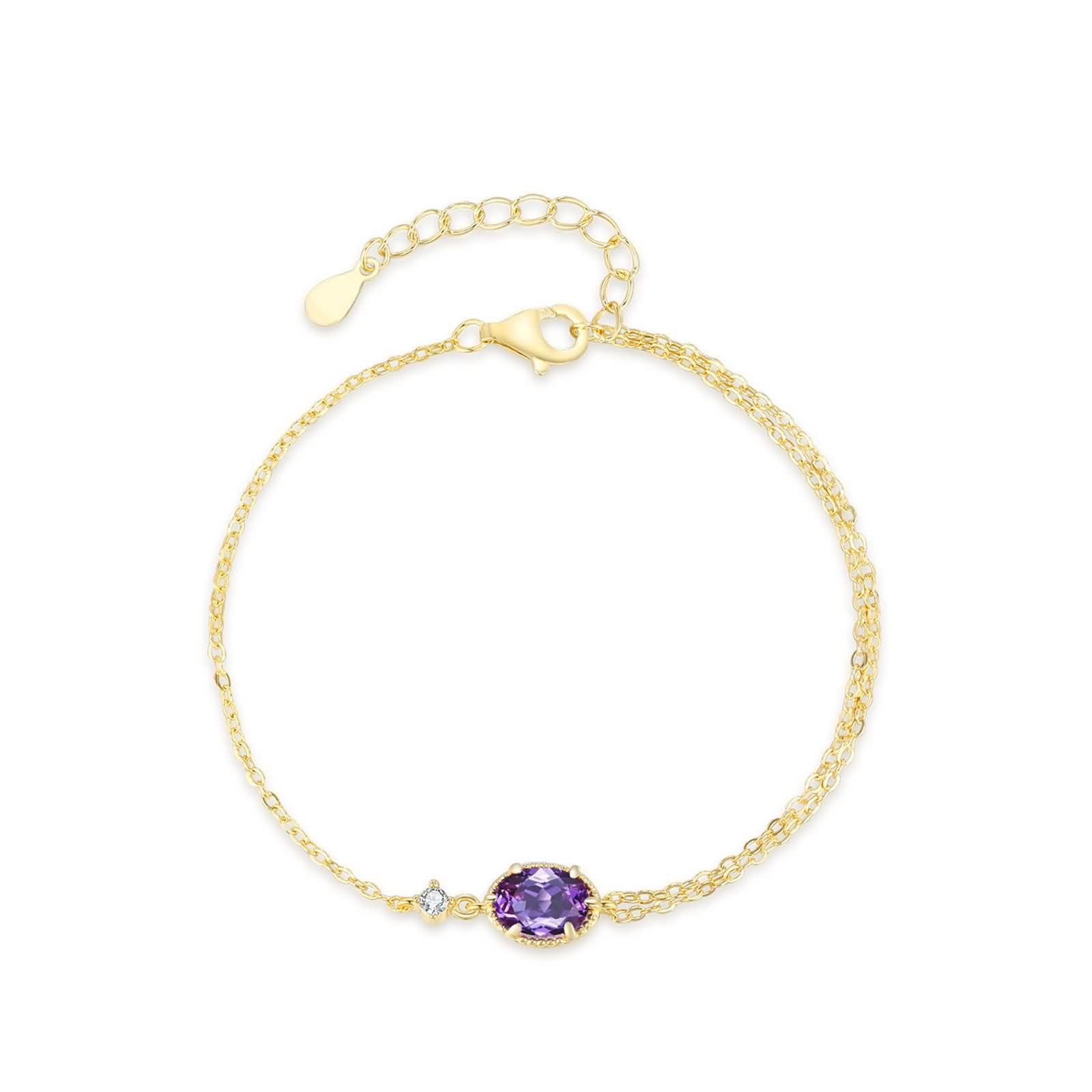 Pulseras para mujer de oro de 9 K/14 K/18 K, clásicas pulseras pequeñas con amatista lila, talla ovalada, joyas auténticas, brazaletes con diamantes de oro amarillo Au 375/585/750