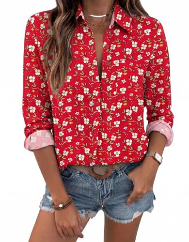 HOTOUCH Red Button Down Shirt Womens Long Sleeve Summer Tops Flower Pattern Business Casual Outfits Floral Valentine Gift L