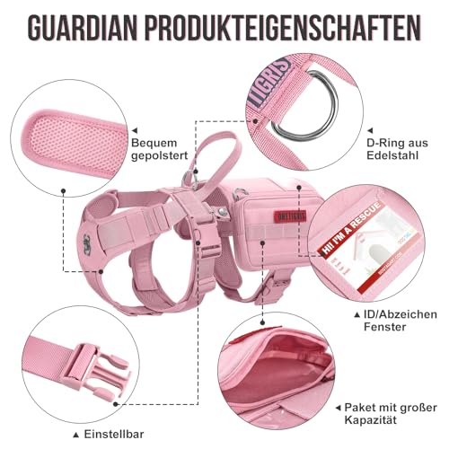 OneTigris Service Hundegeschirr, Guardian Geschirr mit 3 Edelstahl D-Ringen und Großer Kapazität Tasche, Sicherheitsgeschirr für Mittelgroße Große Hunde Rosa,M