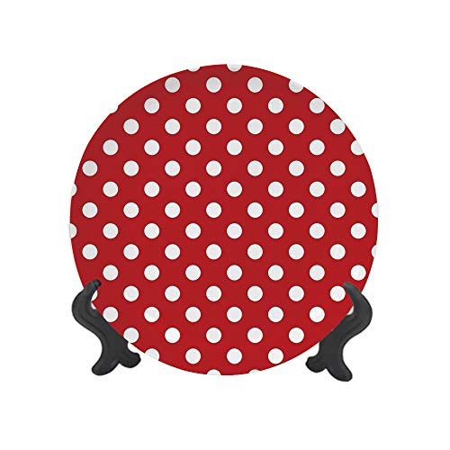 Ylljy00 Retro 8\" Dinner Plate,Vintage Polka Dots with Big White Circular Round Forms Nostalgic Girlish Kitsch Art Design Ceramic Decorative Plates,Dining Table Tabletop Home Decor,Red