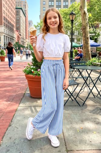 Image of Girls Summer Floral Wide Leg Pants High Waisted Flowy Dress Trousers with Pockets for School Lounge Beach 5-14 Years