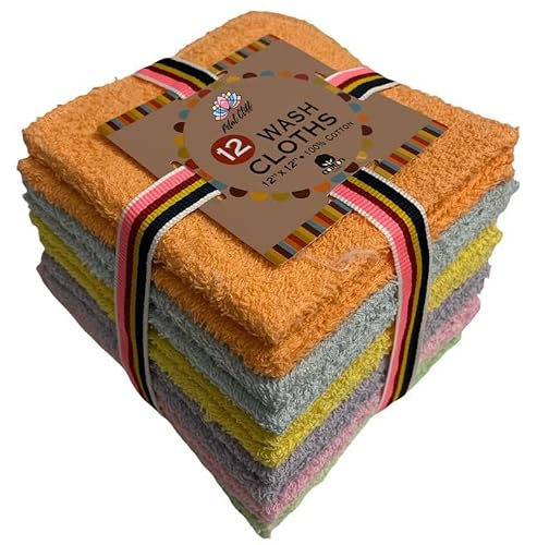 Petal Cliff 12 Pack, 100% Cotton Wash Cloth, Extra Soft, Highly Absorbent, Machine Washable Size 12" X 12", Assorted Colors - Color May Very. #TOP5