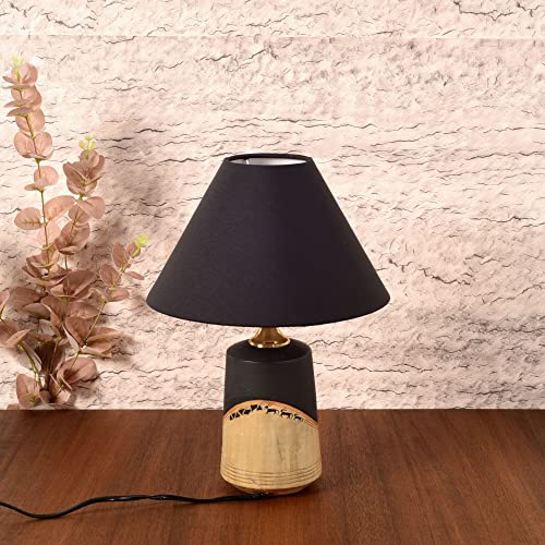 Image of AAKRITI ART CREATIONS | Midnight s Secret Terracotta Handcrafted Table Lamp with Abstract Art & Cotton Shade | Bedside Table Lamp