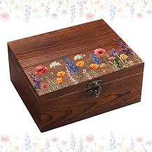 Gerrii Wildflower Wooden Keepsake Box Wedding Baby Shower Spring Flower Memory Storage Box with Buckle for Birthday Baby in Bloom PartyWildflower Mix,Brown,11.02 x 8.86 x 4.92 Inches