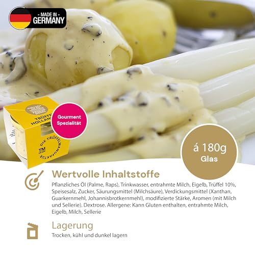 Die Trüffelmanufaktur - Trüffel Hollandaise Soße, Feinkost Trüffelcreme mit 10% echtem schwarzem Trüffel, Trüffelhollandaise Sauce für Spargel, Gemüse, Fisch & Fleisch, weiße Trüffelsoße im 90 g Glas