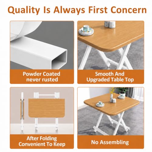 Image of Multi-Purpose Portable & Foldable Wooden Dining Table Desk for Living Room | Bed Room | Made with Engineered Plywood top and Powder Coated Finish for Home & Office (Yellow Board with white metal)