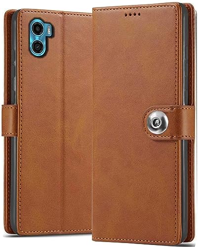 Image of SHINESTAR Ultimate Leather Finish Flip Back Cover for Motorola Moto E32 | Inside TPU & Inbuilt Stand | Wallet Style Motorola Moto E32 Back Cover Case | Stylish Button Magnetic Closure - Brown