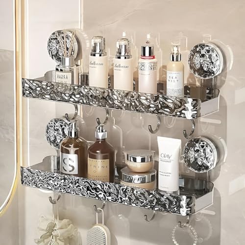 Image of Wall Mounted Bathroom Storage Rack with Suction Cups - Double Shelf with Hooks - Transparent & Patterned Front Design (2)