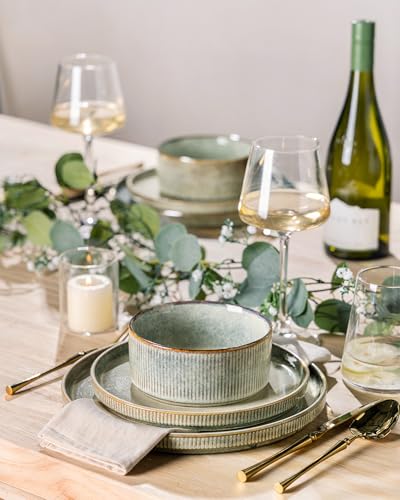 GBhome Steingut Geschirrset 6 Personen, 18-tlg Reaktive Glasur Handarbeit Steingut Geschirr Set, Mikrowellen- & Spülmaschinenfest Schüssel- und Teller Set,Desret Salbei