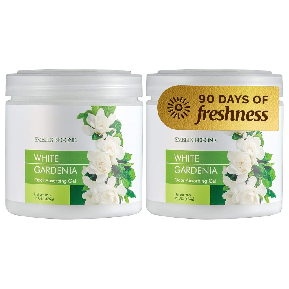 Smells Begone Air Freshener Odor Absorber Gel - Made with Natural Essential Oils - 2 Pack (15 Ounce) (White Gardenia 2 Pack)