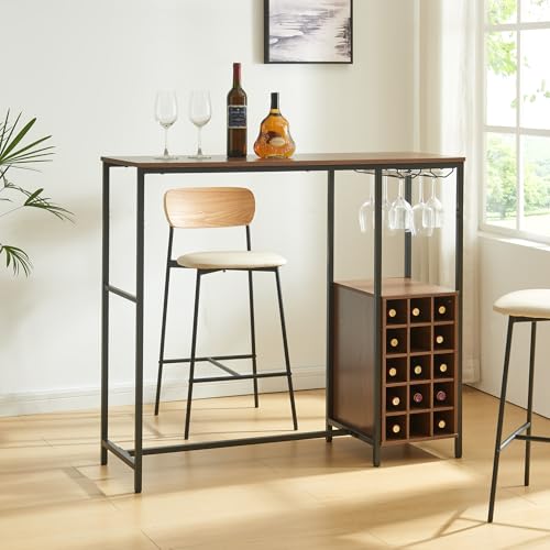 [en.casa] Bancone Tavolo Alto da Bar con Cantinetta Vino per 15 Bottiglie e Portacalici Mobile Bar 120 x 40 x 105 cm con Portabottiglie e Portabicchieri Cucina Sala da Pranzo - Nero/Effetto Noce