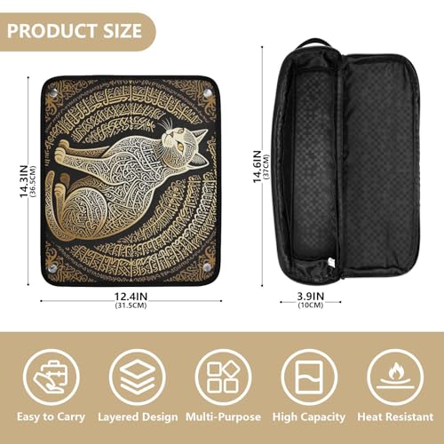Organizador de herramientas para cabello 2 en 1 con tapete resistente al calor y cierre con cremallera, impermeable, para planchas, rizadores y alisadores, con arte de gato y caligrafía árabe dorada miniatura 4