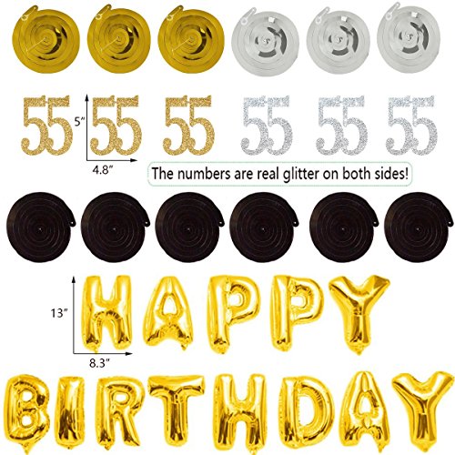MAGJUCHE 55th Birthday Decorations Kit-Gold Silver Glitter Happy 55 years old Birthday Banner & Sparkling Celebration Hanging Swirls, Party Supplies