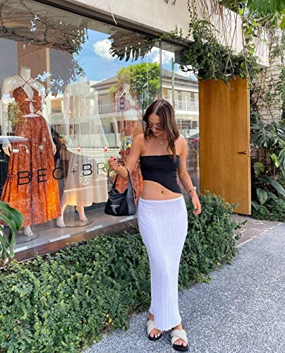 Meladyan Women High Waist Knit Long Maxi Skirt Stretchy Solid Slim Midi Skirts Strapless Bodycon Beach Dress Cover Up White #TOP2