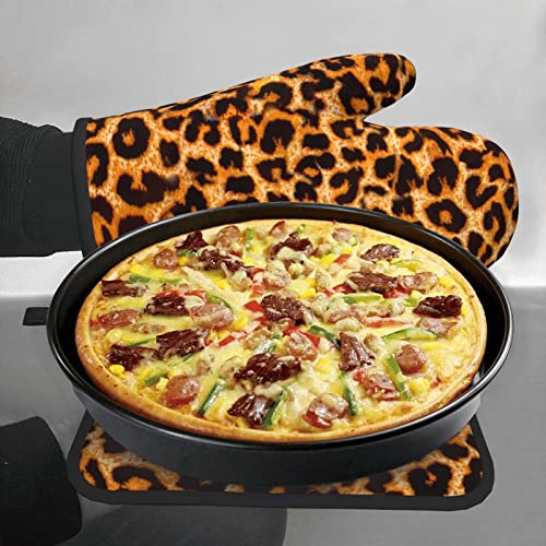 Cheetah Leopard Animal Skin Print Funny Oven Mitt And Pot Holders Set Heat Resistant For Kitchen Cooking Baking Grilling Waterproof Non-Slip Thick Oven Gloves #TOP6