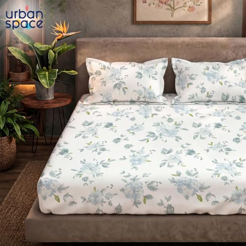 Image of Urban Space Serene 100% Cotton King Size Bedsheet, 200 TC Super Soft Bed Sheet for King Size Bed, Floral Design King bedsheet with Two Pillow Covers (108 inch x 108 inch, Sapphire Dusty Blue)