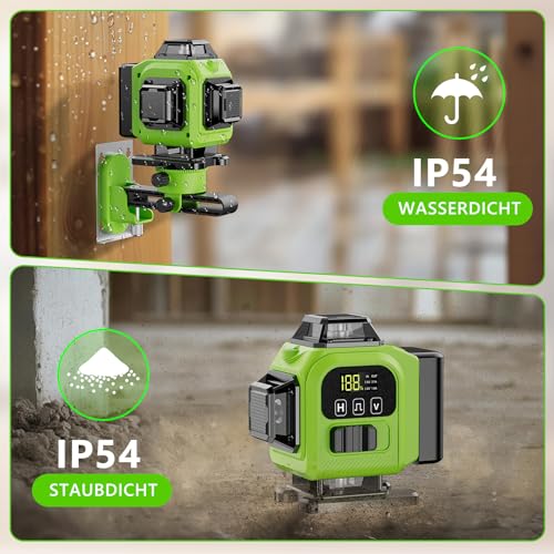 Kreuzlinienlaser Grün 16 Linien Nivellierlaser mit Stativ, 4 x 360 ° Laser wasserwaage, linienlaser kreuzlaser selbstnivellierend für Innenbereich Baustelle, 2 x Batterie Vermessungskabine