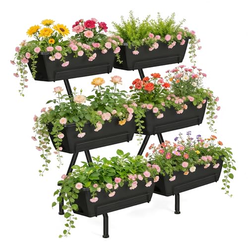 ETELI Vertical Garden Planter 3 Tier Vertical Raised Garden Bed with 6 Garden Planter Boxes Elevated Raised Bed with Drainage Holes Outdoor Standing Garden Planter for Herbs Flowers Vegetables Black
