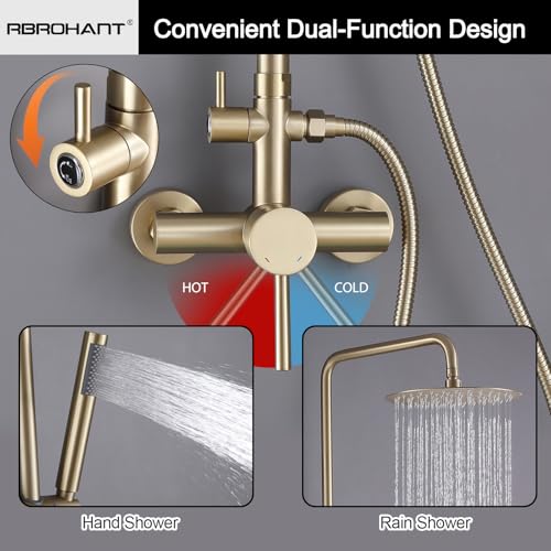 RBROHANT Outdoor Shower, Wall Mount Outdoor Shower Kit, Outside Shower Faucet with Height Adjustable Rain Shower Head and Handheld, Exposed Shower for Backyard, Wall Mounted, Brushed Gold, JK0147 by RBROHANT - Image 4