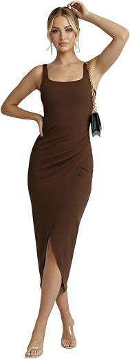 DESI RIWAAZ Women’s Slim Fit Solid Black Bodycon Square Neck Midi Dress, Sleeveless Stretch Fabric with Side Split for Coc...