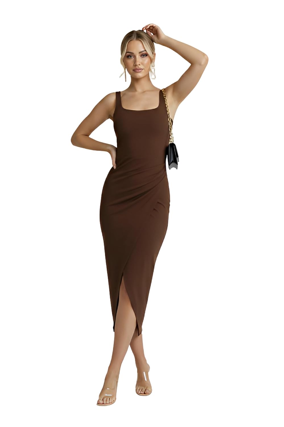 DESI RIWAAZ Women’s Slim Fit Solid Black Bodycon Square Neck Midi Dress, Sleeveless Stretch Fabric with Side Split for Coc... - Review, Price and Buying Guide