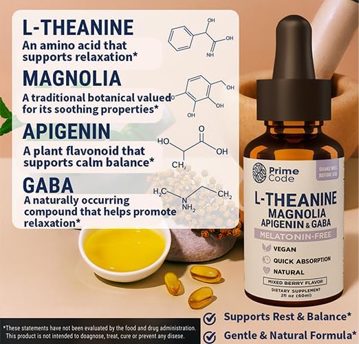 Prime Code L-Theanine Liquid with Magnolia, Apigenin & GABA – Melatonin-Free Relaxation & Calm Support – Mixed Berry Flavor – Vegan, Natural, Fast Absorption Supplement for Men & Women, 2 fl oz - Image 6