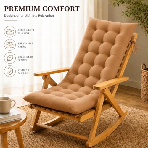 Image of KYNE Rocking Chair Cushion 18 x 50 Inch Thick Tufted Chair Cushion with Backrest and Seat Pad Soft Premium Fabric Polyester Filling Non Slip Indoor Outdoor Rocking Chair Replacement Cushion (Beige)