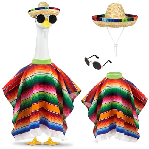 Lixintray Porch Goose Outfits Mexican Summer Goose Outfit with Hat Serape Striped Poncho and Sunglasses Lawn Goose Clothes Fits 23 Inch Geese Statue for Outdoor Garden Yard Patio Decor