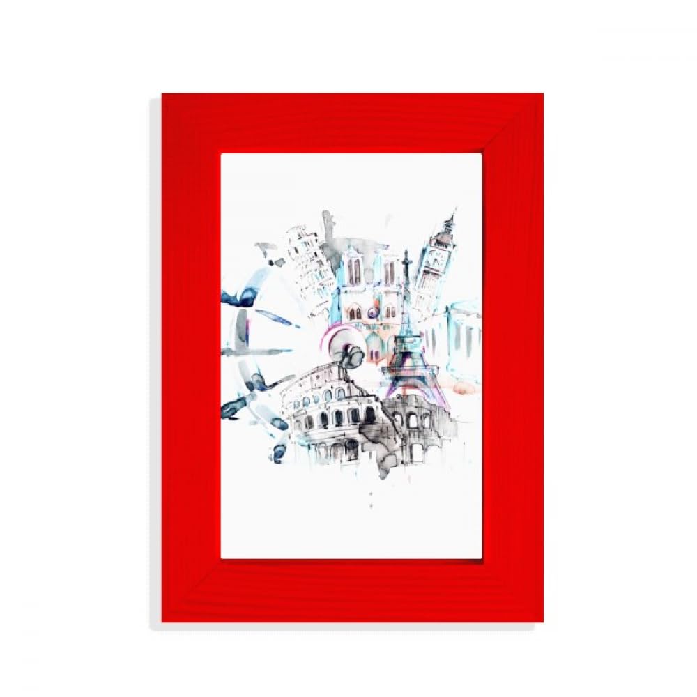 Cadre photo Globe Big Ben Tour Eiffel Aquarelle Rouge pour décoration